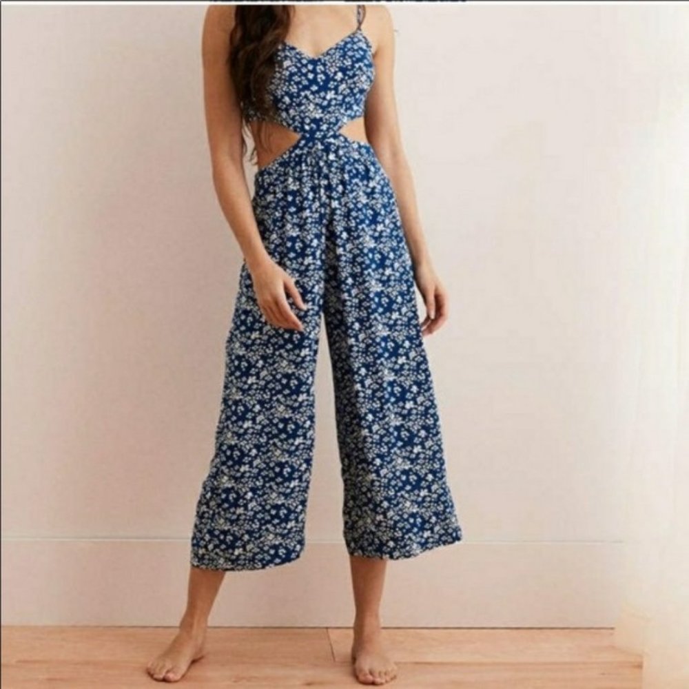 Aerie blue/white cut-out jumpsuit